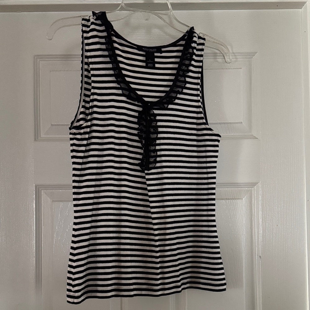 White House Black Market Ruffle Collar Black White Stripe Tank Top